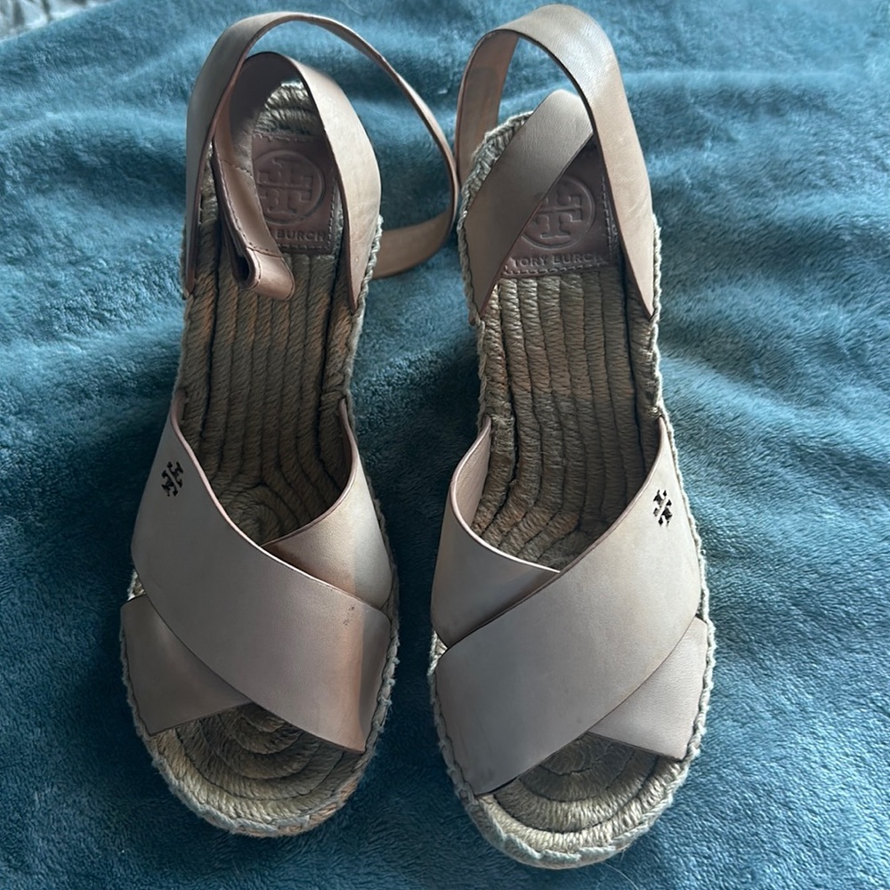 Tory Burch Blush Leather Espadrille Slingback Sandals